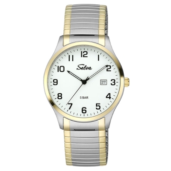 SELVA Herren Quarz Armbanduhr mit Edelstahlzugband bicolor, Zifferblatt weiß Ø 39mm